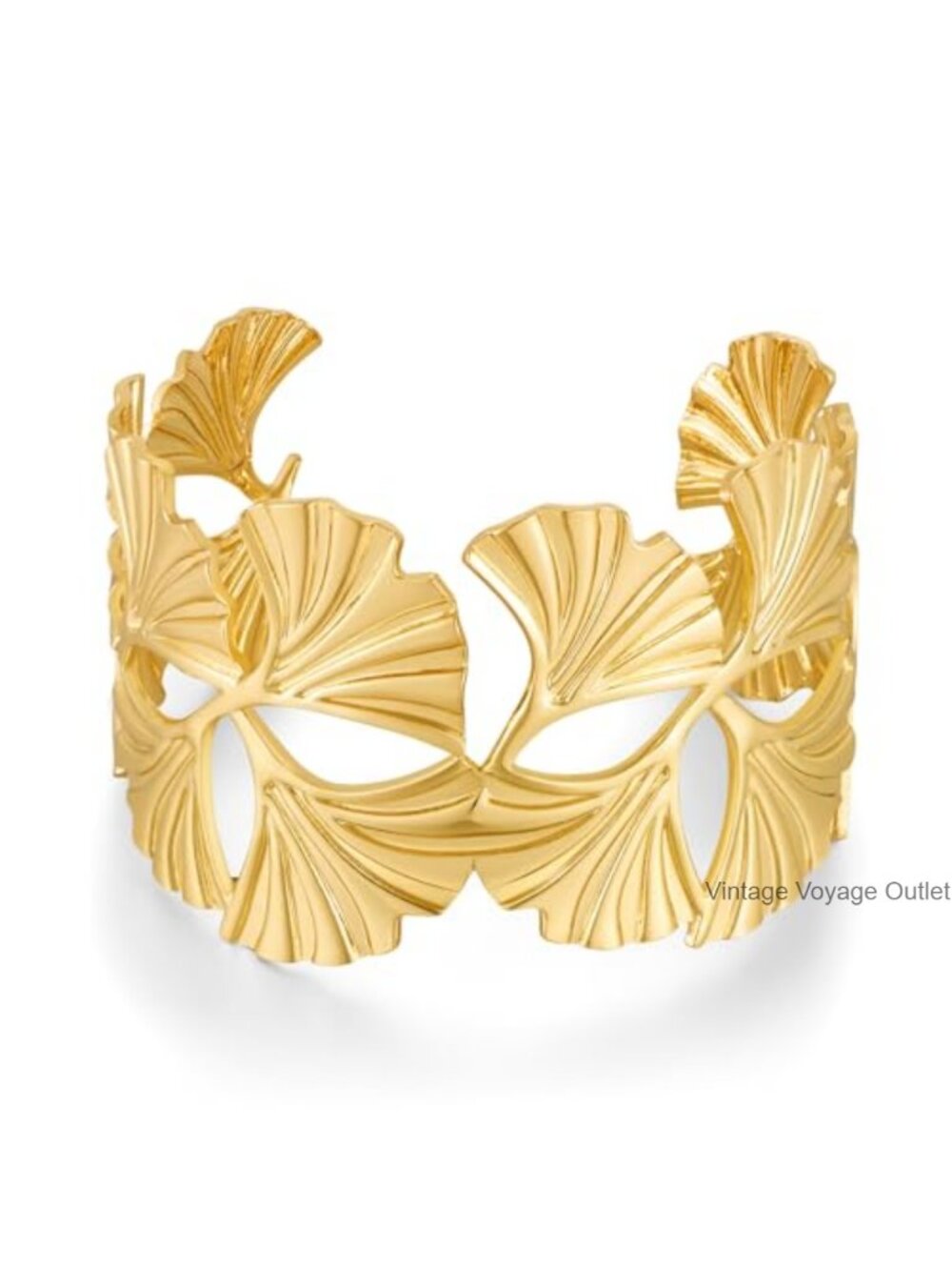 Chunky Gold Plated Cuff Bracelet Ginkgo Leaf Statement Jewelry